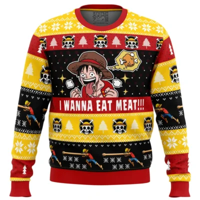 I Want To Eat Meat OP Ugly Christmas Sweater FRONT 1mockup - Rain World Store